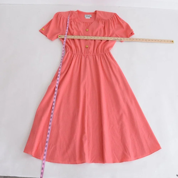 Vintage Cannes Collection Petite Coral Short Sleeve Gold  Button Midi Dress 9/10 - Picture 4 of 13